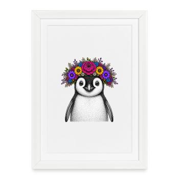 Pingouin avec couronne de fleurs - Affiche encadrée (27 × 37 cm) - blanc - Devant