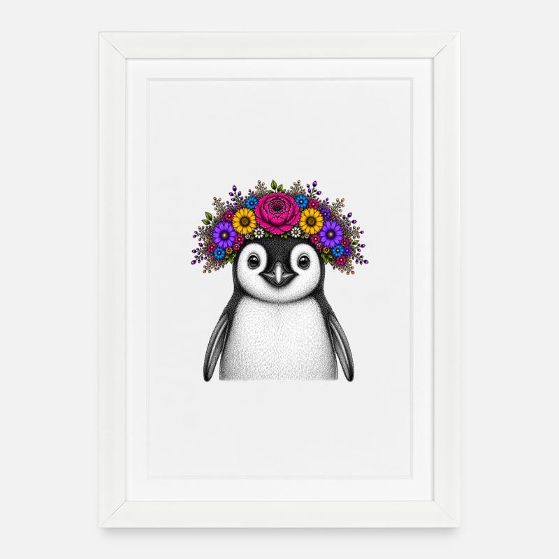 Penguin with flower crown - Framed poster (27 × 37 cm) - white