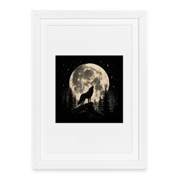 Loup lunaire dans la forêt nocturne - Affiche encadrée (27 × 37 cm) - blanc - Devant