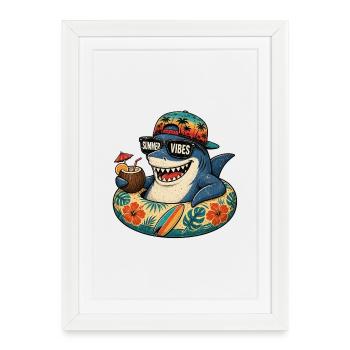 Requin d’été avec vibraons Ambiance d’été - Affiche encadrée (27 × 37 cm) - blanc - Devant