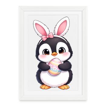 Petit œuf de Pâques avec des oreilles de lapin de lapin, dessin animé pingouin mignon - Affiche encadrée (27 × 37 cm) - blanc - Devant