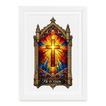 Il est la Croix ressuscitée dans la fenêtre de vitrail à Pâques - Affiche encadrée (27 × 37 cm) - blanc - Devant