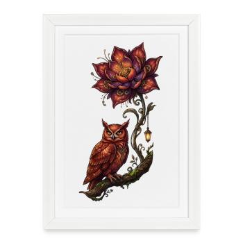 Leuchtende Eule und Feuerblume - Gerahmtes Poster (27 × 37 cm) - Weiß - Vorne