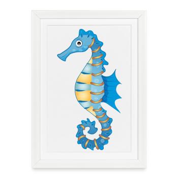 mignon hippocampe bleu dans le style comique - Affiche encadrée (27 × 37 cm) - blanc - Devant