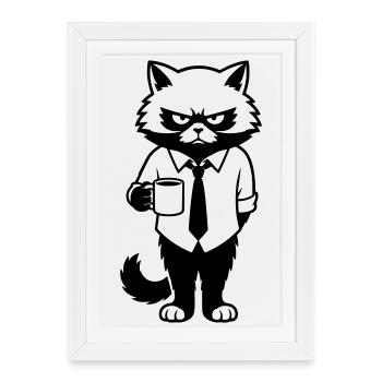 Miesgelaunter Büro Kater mit Kaffee - Affiche encadrée (27 × 37 cm) - blanc - Devant