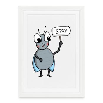 Fliege mit STOP Schild - Gerahmtes Poster (27 × 37 cm) - Weiß - Vorne