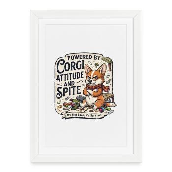 Attitude et Rancune Un Chien Drôle Powered By Corgi - Affiche encadrée (27 × 37 cm) - blanc - Devant