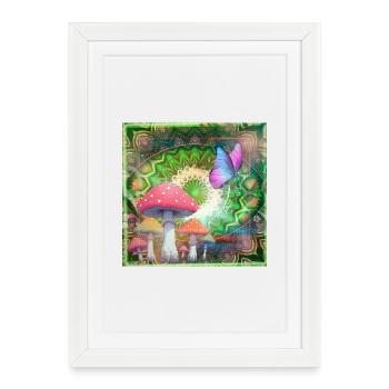 Champignons psychédéliques et forêt de néons papillons - Affiche encadrée (27 × 37 cm) - blanc - Devant