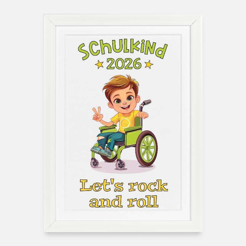 Schulanfang - Einschulung - Junge - Rollstuhl - Gerahmtes Poster (27 × 37 cm) - Weiß