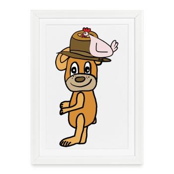 Dog hero with hat and rooster - Framed poster (27 × 37 cm) - white - Front