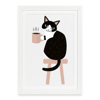 Pause café chat - Affiche encadrée (27 × 37 cm) - blanc - Devant
