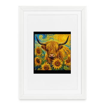 Vache Highland ensoleillée entre les tournesols - Affiche encadrée (27 × 37 cm) - blanc - Devant