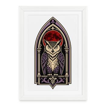 Vitrail Gothic Owl Blood Moon - Affiche encadrée (27 × 37 cm) - blanc - Devant