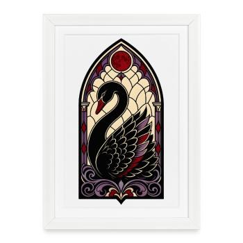 Gothic Stained Glass Black Swan - Framed poster (27 × 37 cm) - white - Front