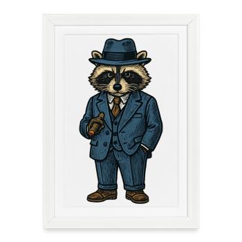 Élégant chef de la mafia raton laveur en costume avec un chapeau - Affiche encadrée (27 × 37 cm) - blanc - Devant