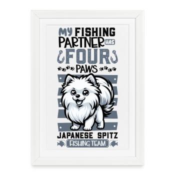 Pêche et Spitz japonais - Affiche encadrée (27 × 37 cm) - blanc - Devant