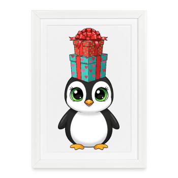 Drôle Pingouin Cadeaux de Noël Équilibre - Affiche encadrée (27 × 37 cm) - blanc - Devant
