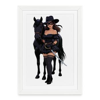 Zorro femme au cheval noir - Affiche encadrée (27 × 37 cm) - blanc - Devant