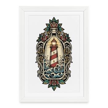 Phare Maritime Bouteille Tatouage Retro Mer - Affiche encadrée (27 × 37 cm) - blanc - Devant