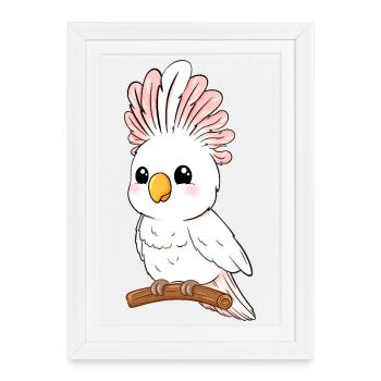 White pink tropical bird on branch - Framed poster (27 × 37 cm) - white - Front