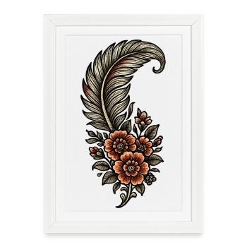 Broderie vintage de plumes et de fleurs - Affiche encadrée (27 × 37 cm) - blanc - Devant