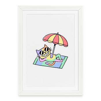 Beach Cat Pop Art Lounge Under Parasol - Framed poster (27 × 37 cm) - white - Front