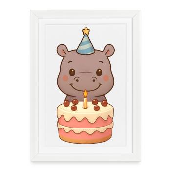 Petit hippopotame avec gâteau d’anniversaire - Affiche encadrée (27 × 37 cm) - blanc - Devant