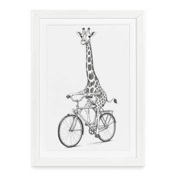 Giraffe on Bike Grayscale Whimsy - Framed poster (27 × 37 cm) - white - Front
