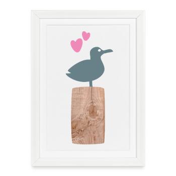 Seagull Wooden Pole Beach Été mer Baltique - Affiche encadrée (27 × 37 cm) - blanc - Devant