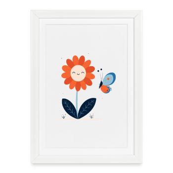 Fleur Rieuse avec Papillon - Affiche encadrée (27 × 37 cm) - blanc - Devant