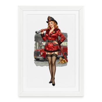 Pompier pin-up en rouge - Affiche encadrée (27 × 37 cm) - blanc - Devant