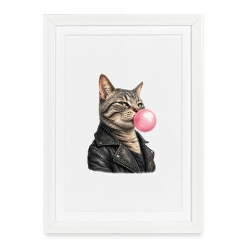 Chat cool avec une veste en cuir - Affiche encadrée (27 × 37 cm) - blanc - Devant