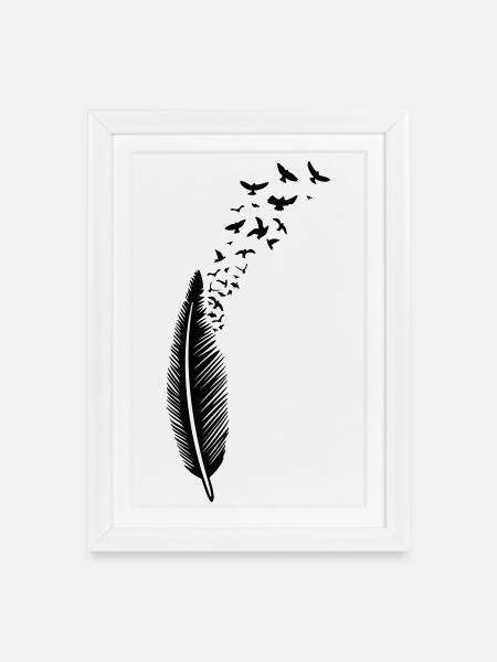 Feder und Vögel Vogelschwarm - Gerahmtes Poster (27 × 37 cm) - Weiß