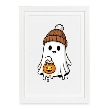 Cuddly Halloween Ghost with Pumpkin Basket - Framed poster (27 × 37 cm) - white - Front