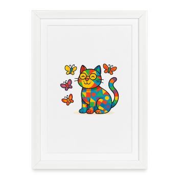 Patchwork Cat with Colorful Butterflies - Framed poster (27 × 37 cm) - white - Front