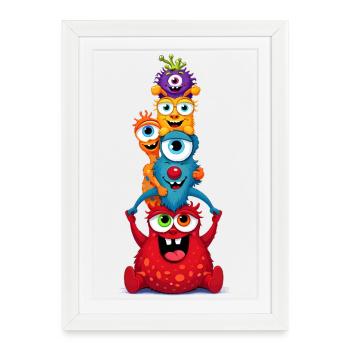 Famille de monstres drôles en tour colorée - Affiche encadrée (27 × 37 cm) - blanc - Devant