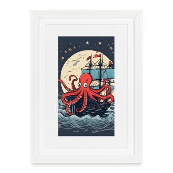 Pieuvre pirate en mer nocturne - Affiche encadrée (27 × 37 cm) - blanc - Devant