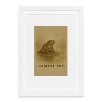 Calme dans le chaos : Grenouille sur l’étang - Affiche encadrée (27 × 37 cm) - blanc - Devant