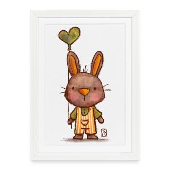 Lapin avec un ballon en forme de cœur à l’aquarelle - Affiche encadrée (27 × 37 cm) - blanc - Devant