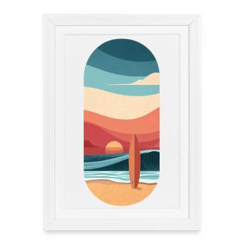 Surf et plage, Passion vagues au coucher du soleil - Affiche encadrée (27 × 37 cm) - blanc - Devant