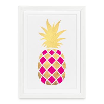 Motif d’ananas Gold Plaid Exotic d’été - Affiche encadrée (27 × 37 cm) - blanc - Devant
