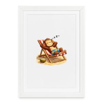 Tropical Nightcap Monkey on the Beach - Framed poster (27 × 37 cm) - white - Front