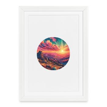 Paysage, Coloré, Coucher de soleil, Montagnes, Bande dessinée - Affiche encadrée (27 × 37 cm) - blanc - Devant