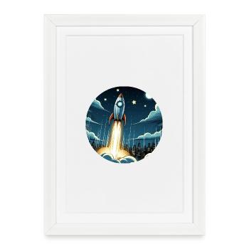 Cartoon Rakete startet ins Weltall - Gerahmtes Poster (27 × 37 cm) - Weiß - Vorne