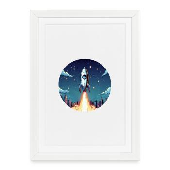 Rocket launch into space in front of night sky in comic style - Framed poster (27 × 37 cm) - white - Front