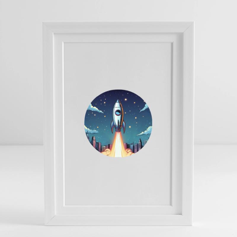 Lancement d’une fusée dans l’espace devant le ciel nocturne dans un style comique Affiche encadrée (27 × 37 cm)
