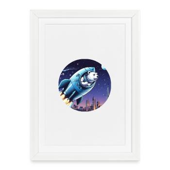 Rocket with bear takes off into space in front of night sky - Framed poster (27 × 37 cm) - white - Front