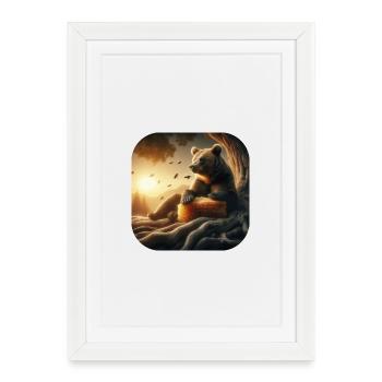Ours brun assis devant un arbre au coucher du soleil - Affiche encadrée (27 × 37 cm) - blanc - Devant