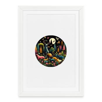 Forêt, Animaux, Coloré, Noir, Nuit - Affiche encadrée (27 × 37 cm) - blanc - Devant