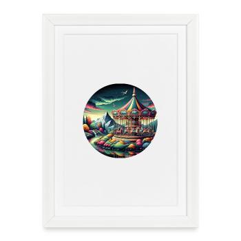 Fantasy world with mountains, carousel and horses - Framed poster (27 × 37 cm) - white - Front